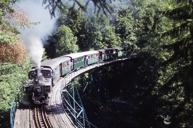Ötscherland-Express, © Ötscherland-Express Dampflok zieht historische Waggons über eine Brücke im Wald.