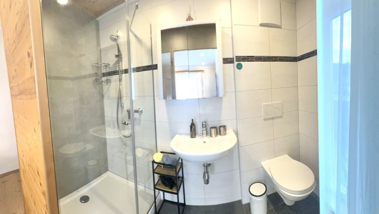 Urlaub am Moaserhof, © Familie Buber Modernes Badezimmer mit Dusche, Waschbecken und Toilette.