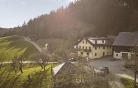 Ein Bauernhof in einer l&auml;ndlichen Umgebung mit gr&uuml;nen Wiesen und einem Wald im Hintergrund.