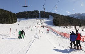 Skifahrer auf einem Schlepplift im Skigebiet Maiszinken.