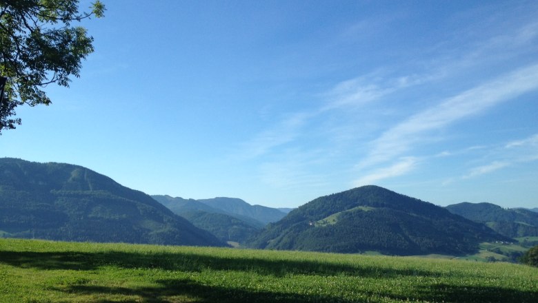 Landschaft mit gr&uuml;nen H&uuml;geln und blauem Himmel.