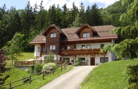 Ein traditionelles Haus mit Holzverkleidung in einer grünen, bewaldeten Umgebung.