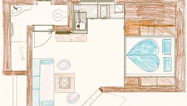 Grundriss eines kleinen Apartments mit K&uuml;che, Wohnzimmer, Schlafzimmer und Dusche.