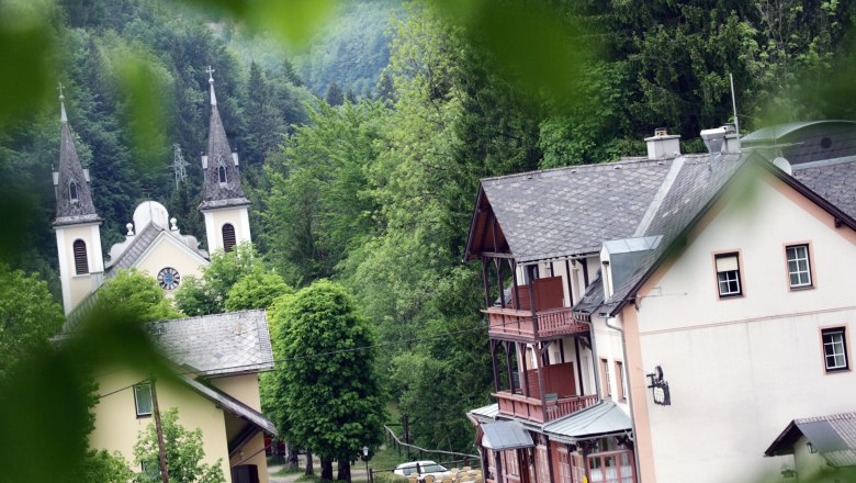 Wallfahrtskirche Maria Seesal mit umliegenden Gebäuden und Wald im Hintergrund.