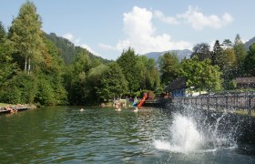 Menschen schwimmen und spielen im Seebachbad Lunz am See, umgeben von Bäumen und Bergen.