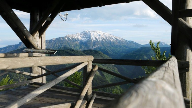 Holzaussichtsturm mit Blick auf schneebedeckten Berg und bewaldete H&uuml;gel.