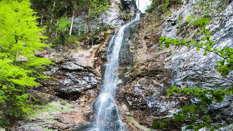 Ein Wasserfall flie&szlig;t &uuml;ber eine steinige Klippe, umgeben von gr&uuml;ner Vegetation.