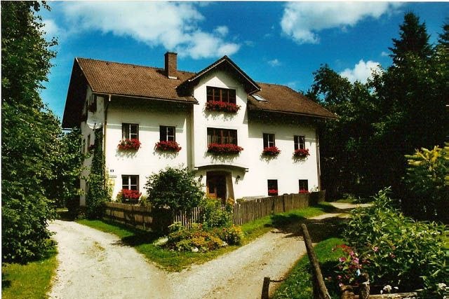Ein traditionelles wei&szlig;es Haus mit roten Fensterl&auml;den und Blumenk&auml;sten, umgeben von B&auml;umen und einem Garten, unter blauem Himmel.