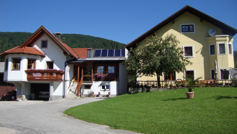 Zwei Häuser mit Garten und blühenden Pflanzen, blauer Himmel im Hintergrund.