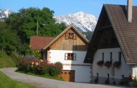 Ein Ferienhaus mit Blumen und Berg im Hintergrund.
