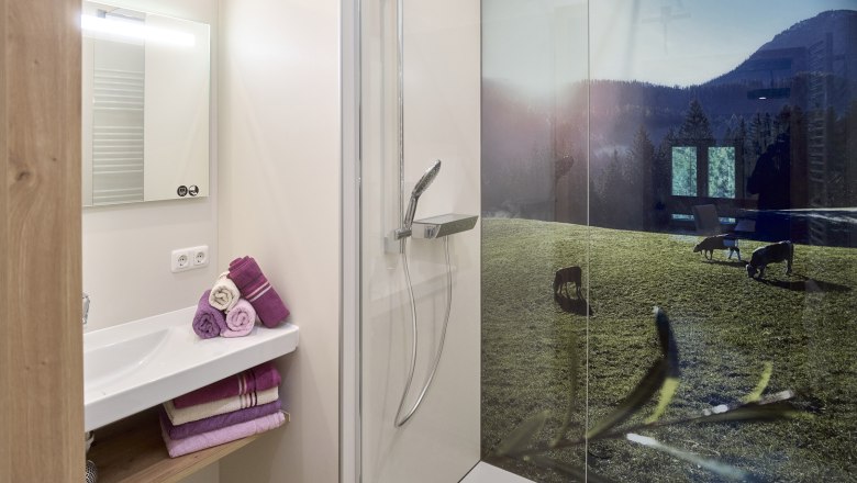 Modernes Badezimmer mit Dusche und Landschaftsbild auf der Duschwand.
