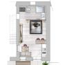 Grundriss eines 30 m&sup2; gro&szlig;en Studios mit Bett, K&uuml;che, Bad und Terrasse.