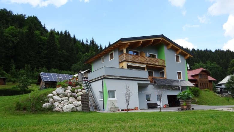 Ein modernes Haus mit Holzverkleidung und Solarpanelen in einer gr&uuml;nen, bewaldeten Umgebung.