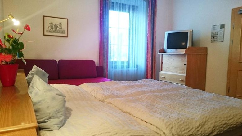 Ein gemütliches Doppelzimmer mit Bett, Sofa, Fernseher und Fenster.