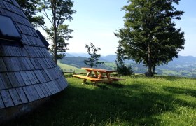 Holzhütte und Picknicktisch auf einer Wiese mit Bäumen und Bergblick.